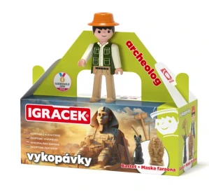 IGRÁČEK - Archeolog s egyptskými vykopávkami masky faraona a sošky bohyně Bastet